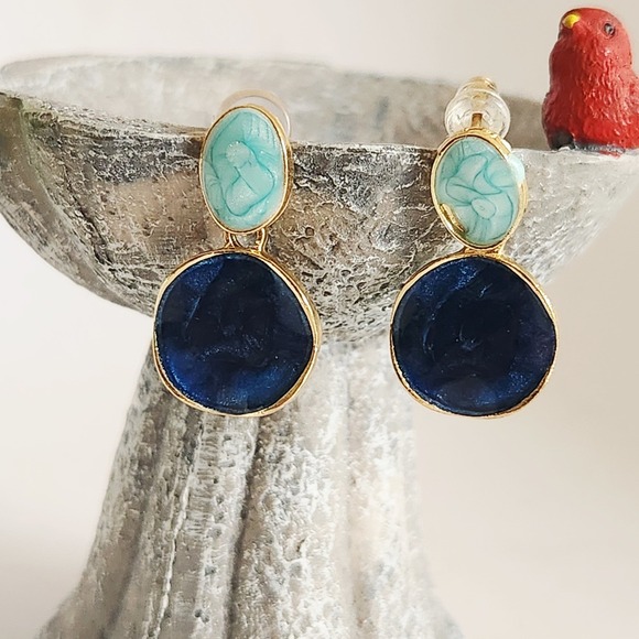 Unbranded Jewelry - Navy Blue Turquoise Marbled‎ Enamel Gold Tone Two Tier Drop Dangle Earrings